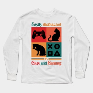 Easily Distracted By Cats and Gaming - Retro Cat Gaming Long Sleeve T-Shirt